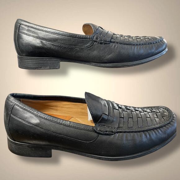 Men's Size 9.5 JOHNSTON & MURPHY  Black Woven Slip-On Sheepskin Loafers EUC - Picture 3 of 9